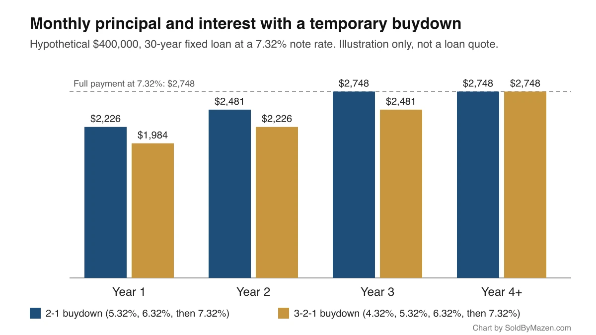 Bar chart of monthly principal and interest on a hypothetical $400,000, 30-year loan at 7.32%: with a 2-1 buydown, $2,226 in year one and $2,481 in year two; with a 3-2-1 buydown, $1,984, $2,226 and $2,481; both reach the full $2,748 payment afterward
