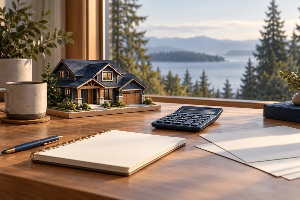 Illustration of a model house, calculator and notebook on a desk